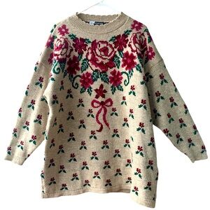 Vintage Cream Roses and Bow Holiday Sweater XL
